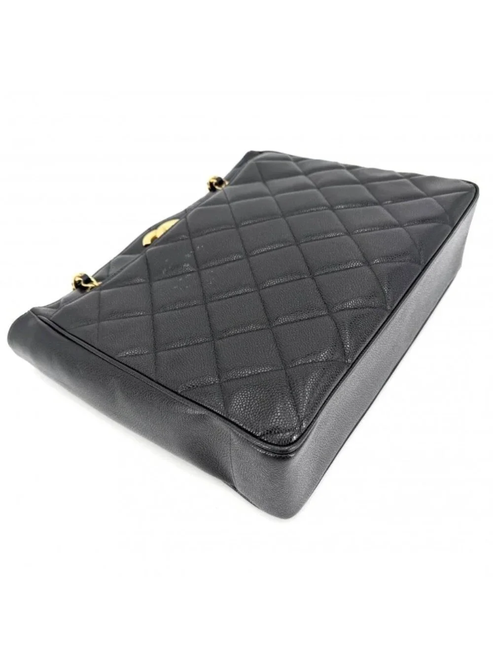 Chanel Big Handbag Quilted CC Logo Chain Tote Shoulder Caviar Leather Black Gold